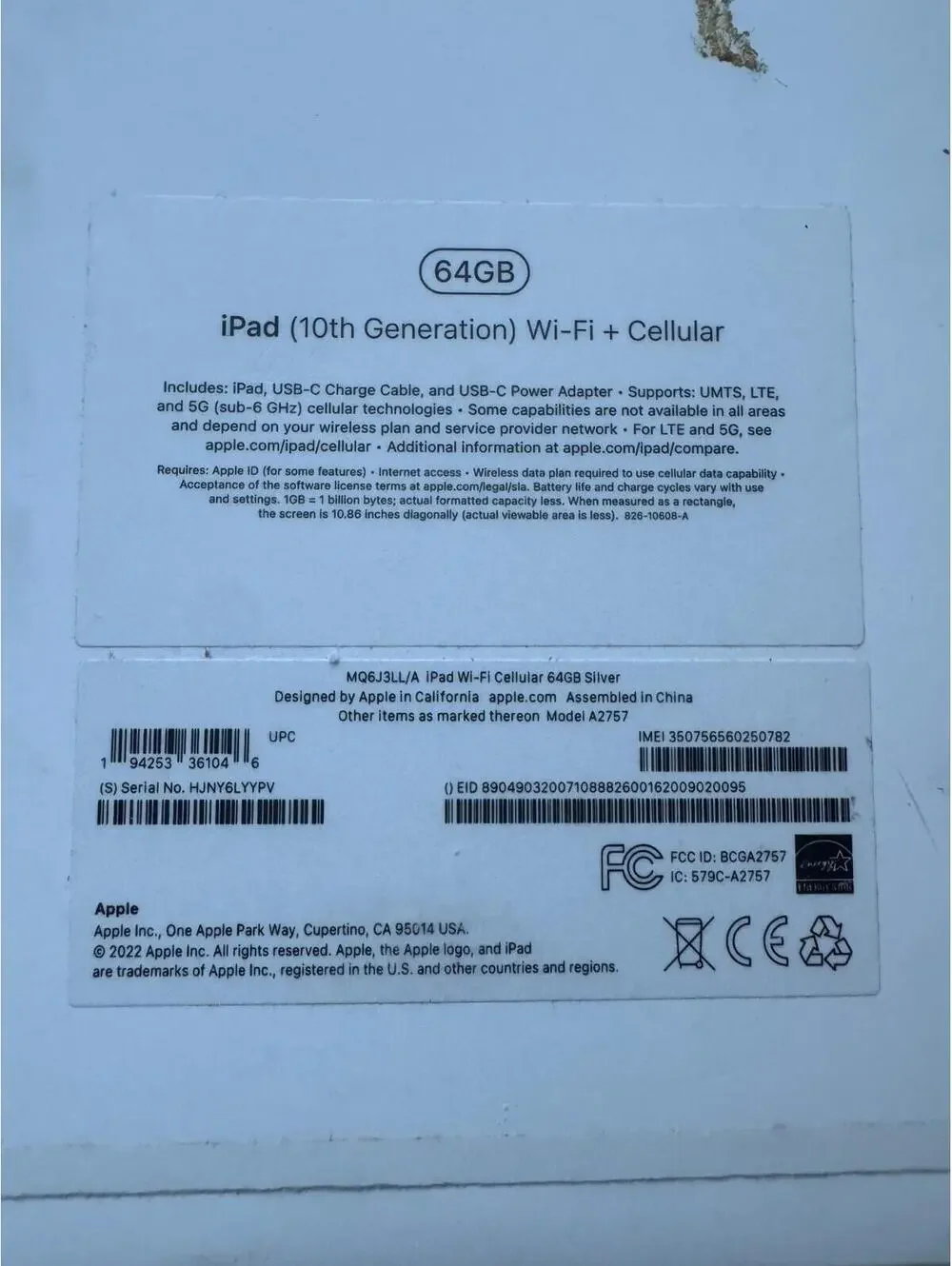 Apple iPad (9th Generation) A2604 64 GB, Wi-Fi + 4G, 10.2